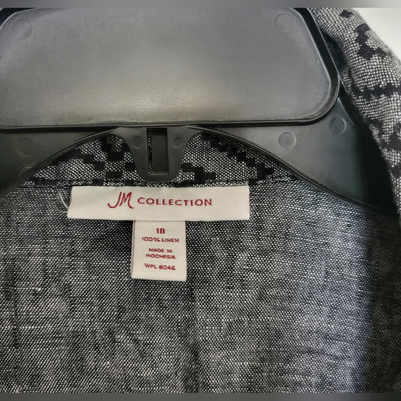 JM Collection 100% Linen Black & Gray 3/4 Sleeve Collared Button Down, Size 18 - Picture 3 of 7